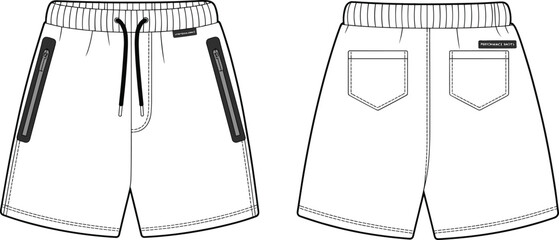Front and back view of performance shorts, drawstring waistband, zippered pockets, patch pockets, detailed stitching, garment sketch, fashion mockup, clothing design template.