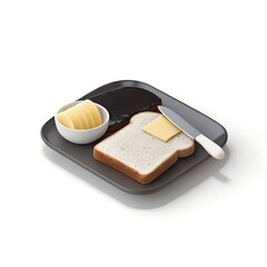 A grey plate with bread butter knife and dark bread on a white background