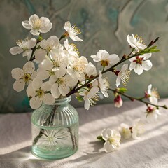 Still life of white blossoms in a small vase on a textured surface near light