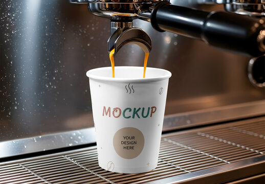 Paper Coffee Cup Mockup in Espresso Machine