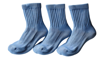 Three light blue crew socks isolated on transparent background