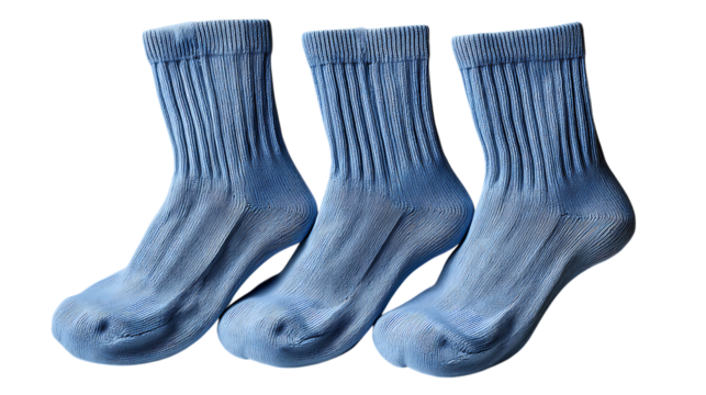 Three light blue crew socks isolated on transparent background