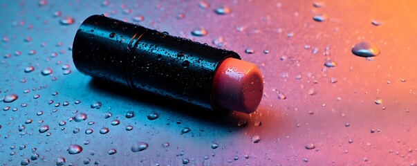 A black lipstick with orange and pink shades, lying on the table, with drops of water, against a neon background and a purple-blue gradient, in a minimalist, hyperrealistic photographic style.