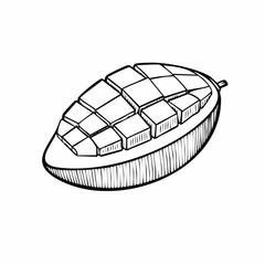 Detailed line art illustration of a sliced mango with grid pattern and textured skin