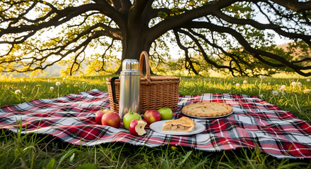 Idyllic picnic setting with apple pie and fresh fruit on a plaid blanket under a large tree in a sunny meadow.
