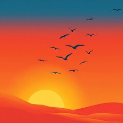 Obraz premium Birds fly over a vibrant sunset landscape