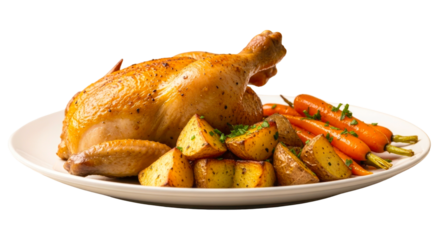 roasted chicken dinner juicy bird crispy potatoes sweet carrots