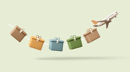 Colorful gift boxes floating with airplane on light background