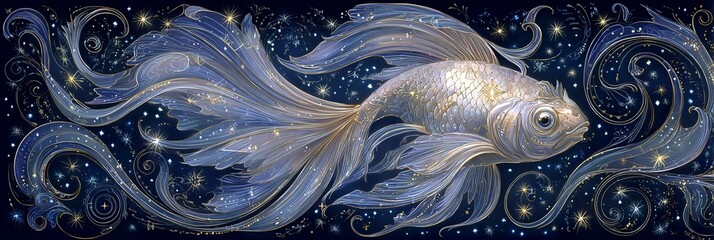 Pesce dorato etereo con pinne traslucide in uno sfondo costellato