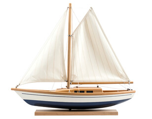 Obraz premium A detailed wooden sailboat model with white sails on a stand.