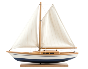 A detailed wooden sailboat model with white sails on a stand.