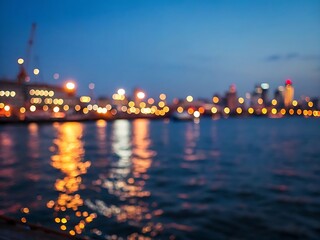 Photo of blurred cityscape at night with lights reflecting on the water, creating a dreamy and abstract scene of the urban skyline in the evening twilight