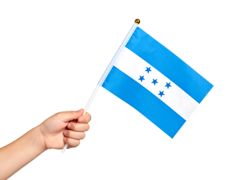 A close-up shot of a hand waving the national flag of Honduras.