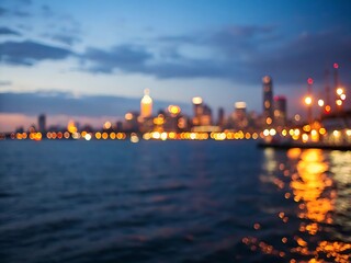 Photo of blurred cityscape at night with lights reflecting on the water, creating a dreamy and abstract scene of the urban skyline in the evening twilight