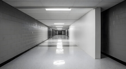 Bright and empty school hallway on the first day back to school