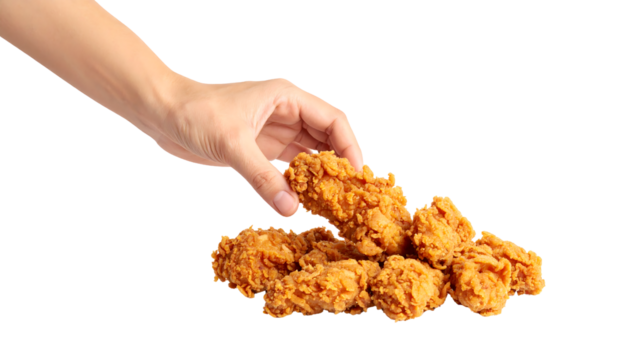 A hand reaches down to pick up a piece of crispy fried chicken from a pile.