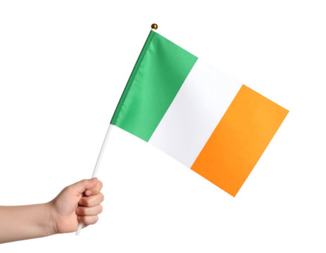 A hand holds the national flag of Ireland, featuring vertical stripes of green, white, and orange.