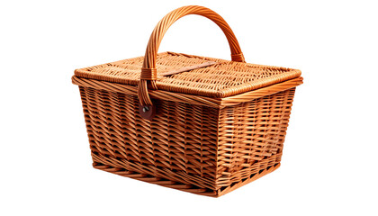A beautifully woven, handmade rattan picnic basket is shown in a studio shot.