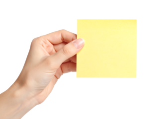 A hand holds a blank yellow sticky note, ready for a message or reminder.