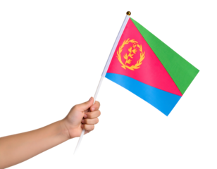 A child's hand holds and waves the national flag of Eritrea.