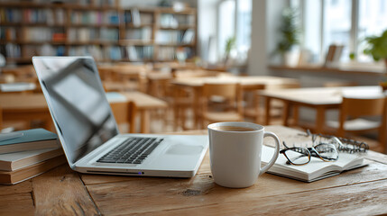 Students prepare for the first day of school in a quiet classroom with laptops and school supplies