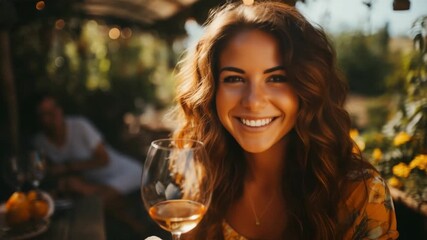 A woman with curly hair smiles while holding a glass of wine in a vibrant garden filled with flowers. The warm sunlight and relaxed atmosphere create a delightful setting - Powered by Adobe