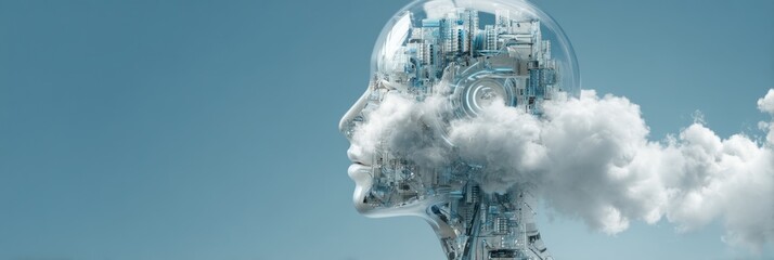 Robotic head with cloud computing and digital city inside, future