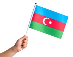A hand holding the national flag of Azerbaijan.

