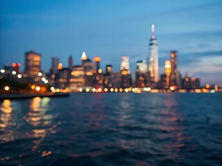 Photo of blurred cityscape at night with lights reflecting on the water, creating a dreamy and abstract scene of the urban skyline in the evening twilight