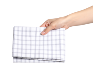 A folded gray and white towel held by a person's hand.