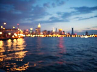 Photo of blurred cityscape at night with lights reflecting in the water, creating a dreamy and abstract urban scene with a beautiful skyline at dusk