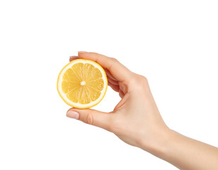 A person's hand holding a bright yellow lemon slice.