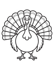 Happy Sitting Thanksgiving Turkey with Spread Wings – Line Art Cartoon for Coloring Pages and Autumn Crafts