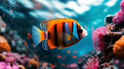 Brightly colored fish swim gracefully through a lively coral reef inhabited by various marine species. Bubbles rise as they navigate the diverse underwater landscape