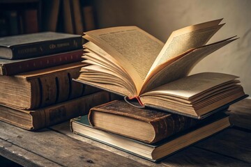 Obraz premium Vintage Books on Wooden Table with Open Pages and Soft Light