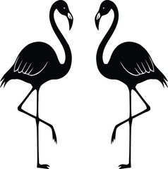 Obraz premium A stylish black silhouette illustration of two flamingos standing gracefully. This design captures the elegance of these birds and is perfect for tropical-themed projects.