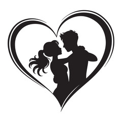 Silhouette of a loving couple with a heart, a vector illustration for a wedding card