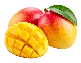A pair of ripe mangoes, with one perfectly sliced into cubes to show its juicy, golden flesh.
