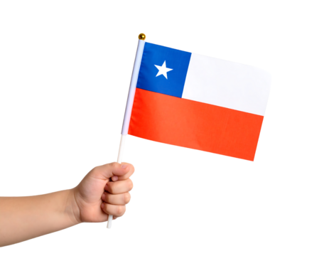A hand is holding the national flag of Chile, featuring its red, white, and blue design with a single star.