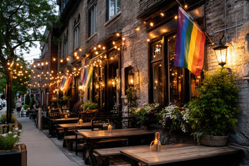 Fototapeta premium Cozy street café adorned with pride lights during evening