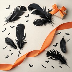 A flat lay of black feathers bats ribbon and a gift box on white background