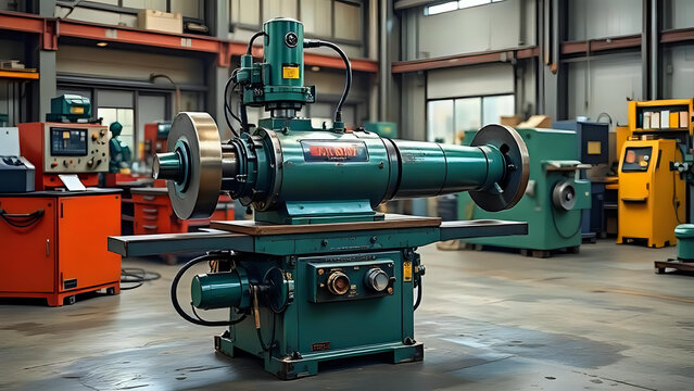 A large green industrial grinding machine in a workshop with various other machines around it - Powered by Adobe