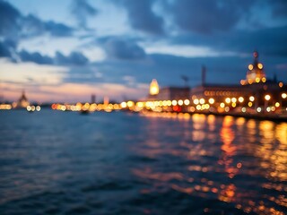 Photo of blurred cityscape at night with lights reflecting in the water, creating a dreamy and abstract urban scene with a beautiful skyline at dusk