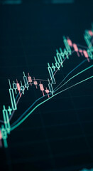 Close-up of teal and red candlestick chart on dark background, showcasing financial market data, symbolizing growth, investment, and economic trends