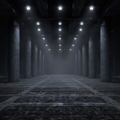 Dark, misty tunnel with pillars