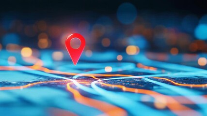 3D location pin over a glowing digital map with network lines, representing GPS, navigation, geolocation, tracking, and smart city connectivity. - Powered by Adobe