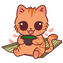 Cute Cartoon Cat with Matcha Green Tea Bowl, Adorable Design for Tea Lovers