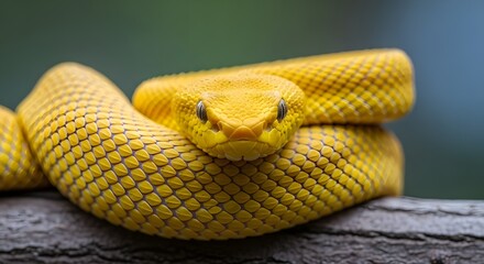 Close Up of a Vibrant Yellow Pit Viper Resting on a Branch in Natural Light