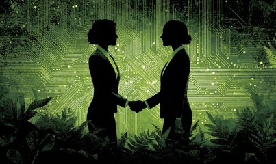 Donne in tailleur che si stringono la mano in un ambiente digitale verde
