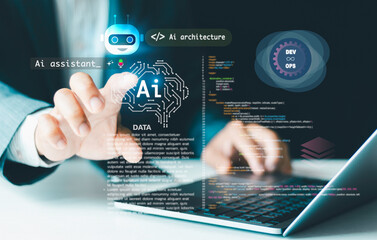 Ai architecture concept. Businessmen use agentic AI assistants, Artificial Intelligence, Development tools, Operations programming technology, DevOps software development, code management, testing